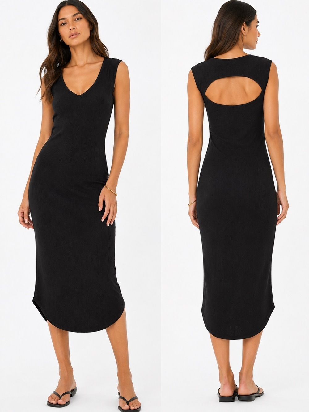 Monrow Brushed Ribbed Black Sleeveless V-Neck Midi Dress with Cutout Size Medium
